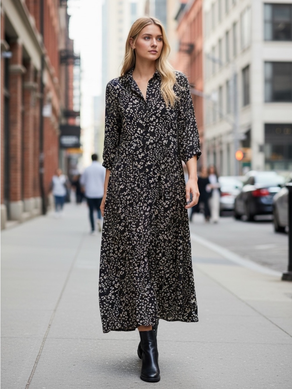 Black Floral Long Sleeve Maxi Dress